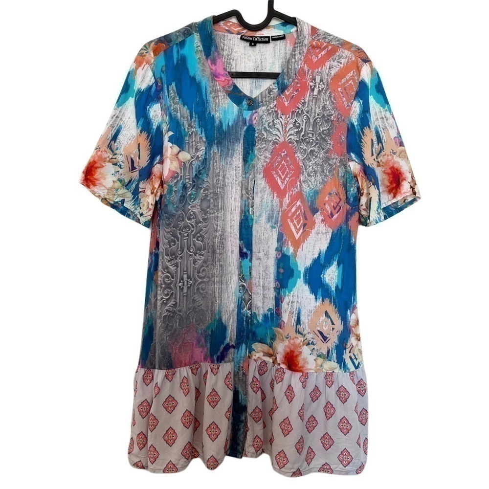 Tolani Collection Mixed Print Floral Ruffle Button Front Boho Tunic Size Small